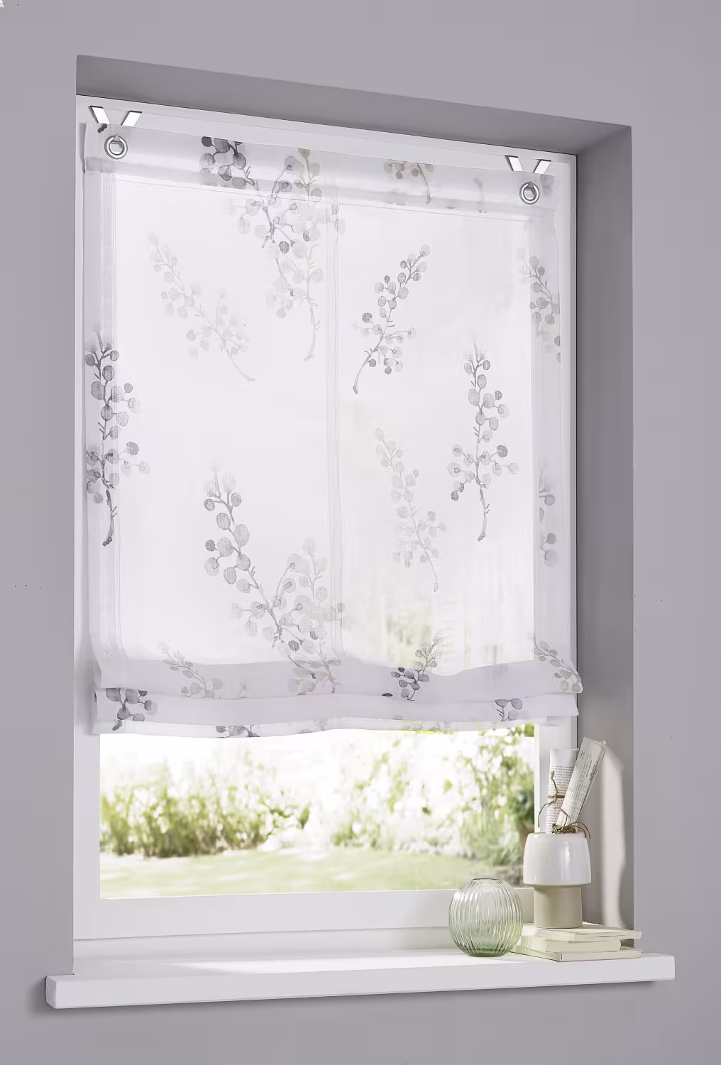 Halbtransparentes Raffrollo / Ösenrollo Danny weiß taupe - Breite 45 - 120 cm - Raffrollo mit Ösen Danny halbtransparent