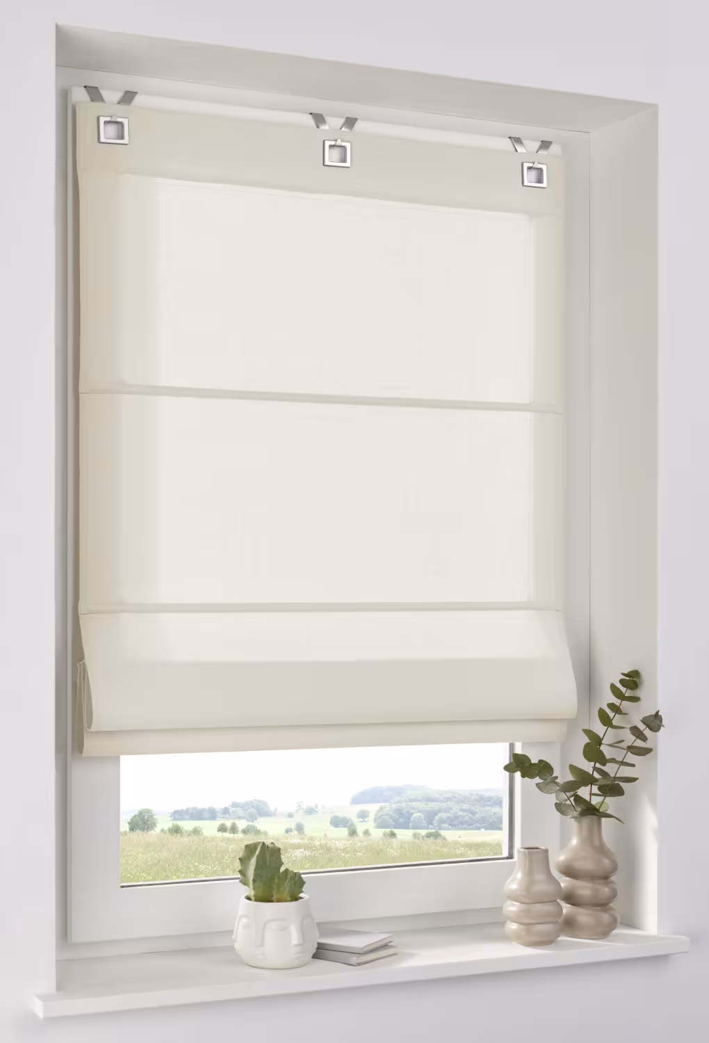 Raffrollo Duck – Offwhite – 100% Baumwolle rechteckige Ösen – blickdicht - Baumwoll-Raffrollo Duck offwhite mit Ösen und Haken
