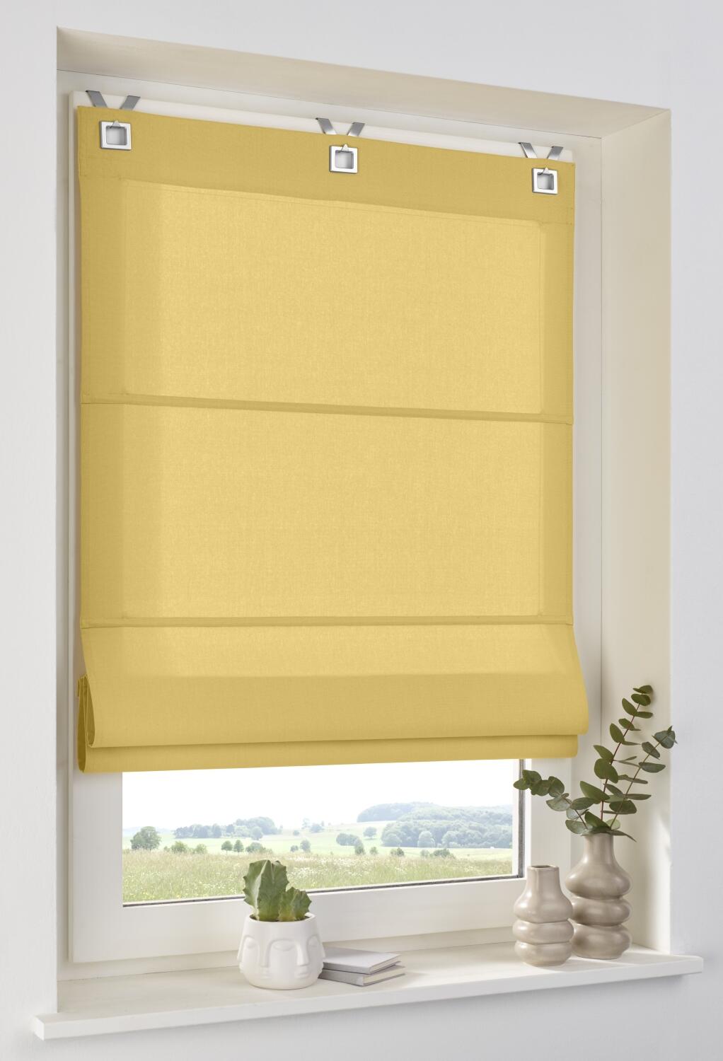 Baumwoll-Raffrollo Duck strohgelb mit Ösen und Haken