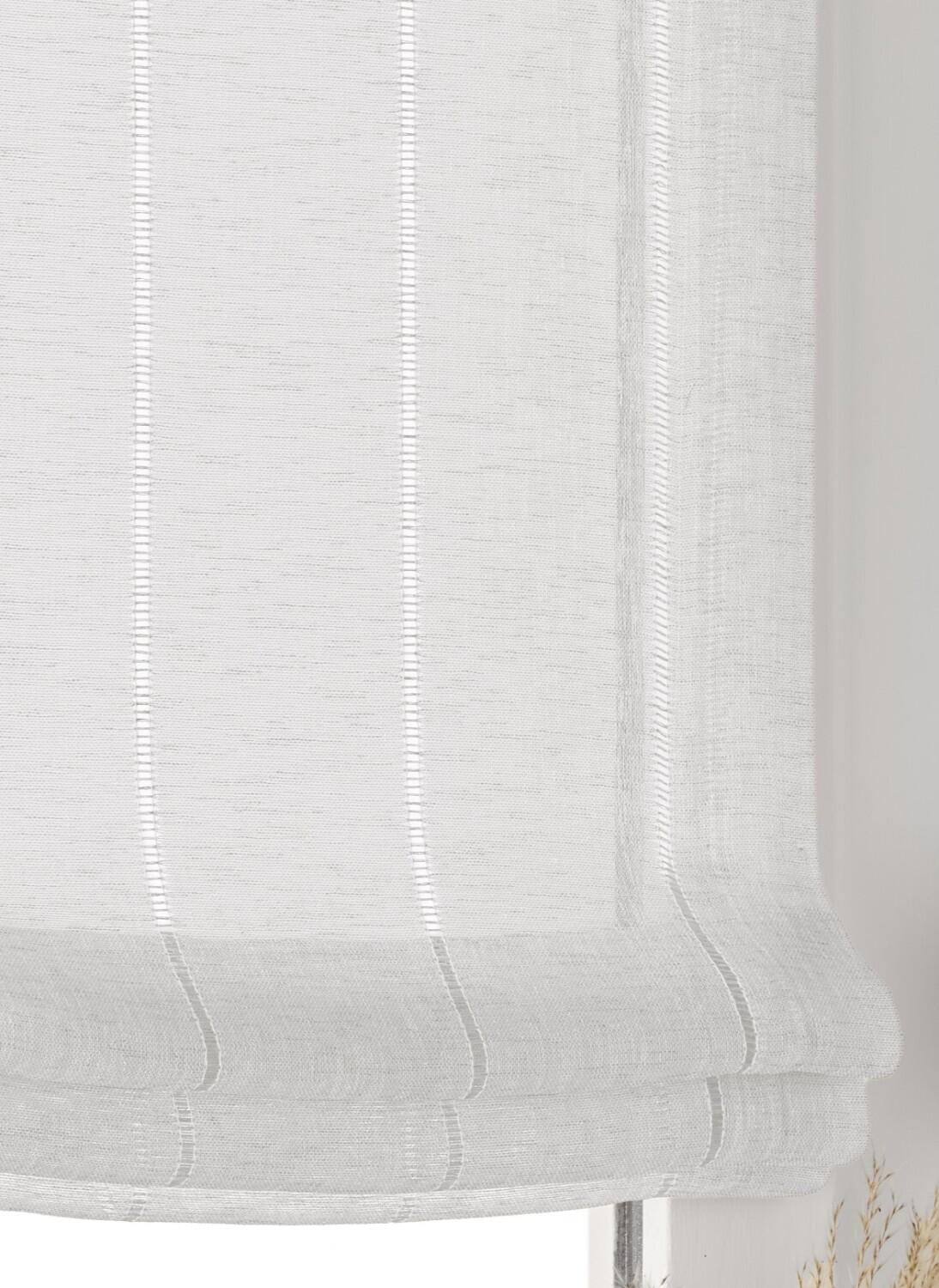 Raffrollo Aya offwhite - modernes Faltrollo mit eingewebten Längsstreifen in Leinenotik - halbtransparentes Raffrollo Aya mit Hohlsum Stickerei