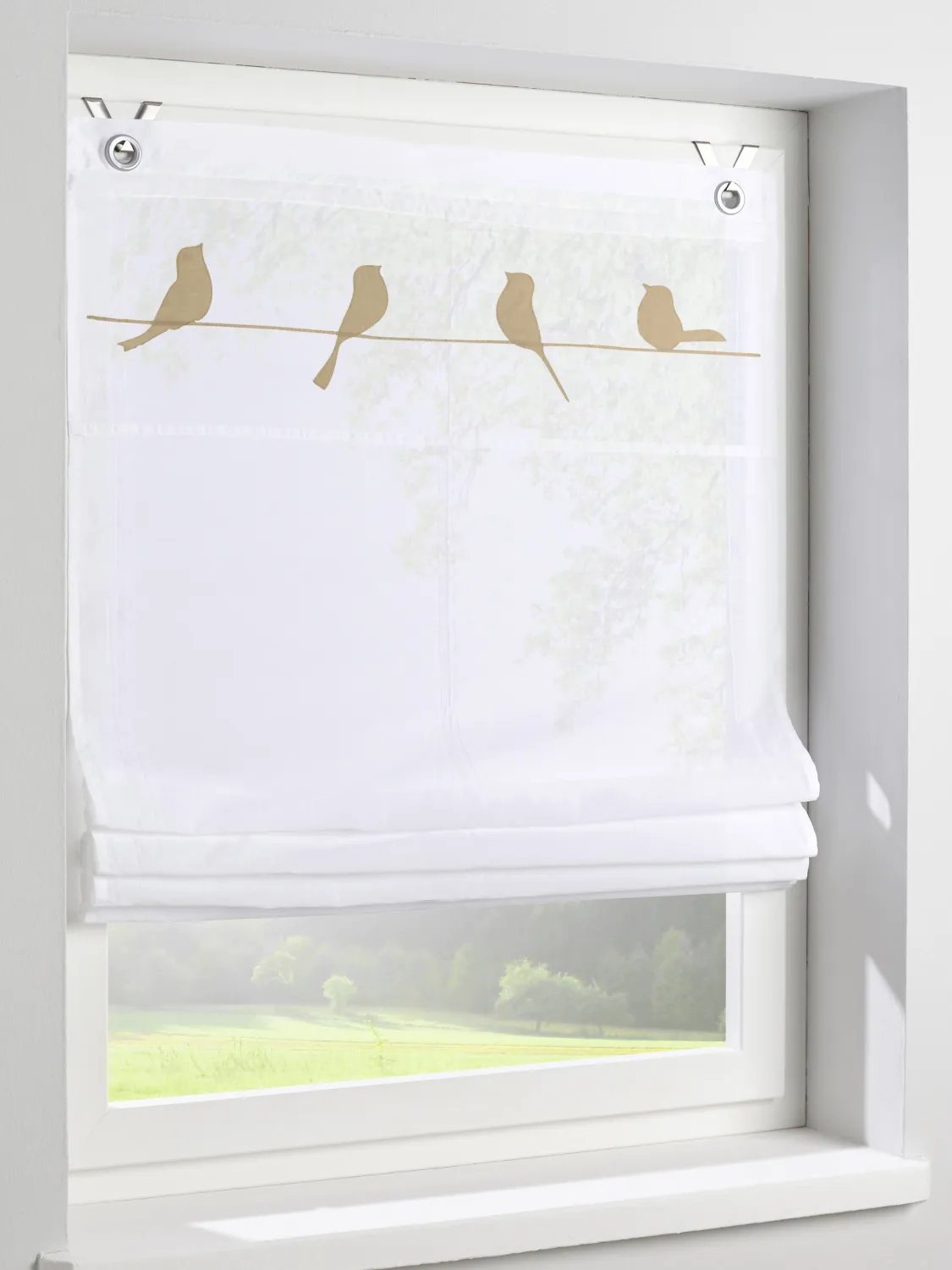 Raffrollo Gravelot weiß Baumwolle Vögel natur beige