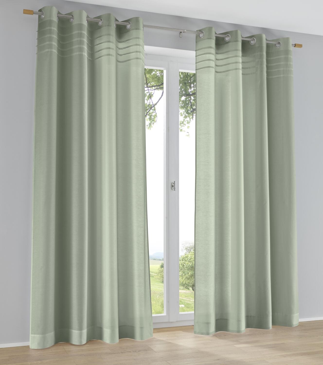 Ösen-Vorhang in salbei grün mit eleganter Stoff-Blende im Biesen-Look