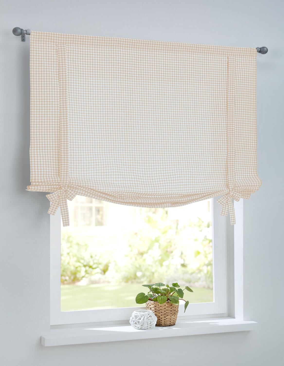 Karierte Raffgardine Cottage beige weiß Landhaus