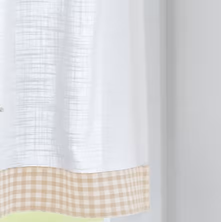 Scheibengardine Cottage beige weiß kariert - mit Schlaufen und Kugeln aus Holz - Cottage Landhausgardine Leinen Optik halbtransparent