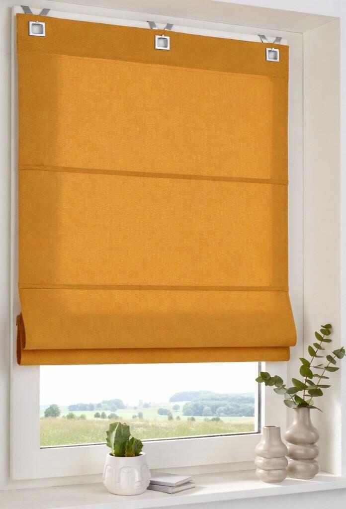 Raffrollo Duck –Ockergelb– 100% Baumwolle rechteckige Ösen – blickdicht - Baumwoll-Raffrollo Duck ocker gelb mit Ösen und Haken