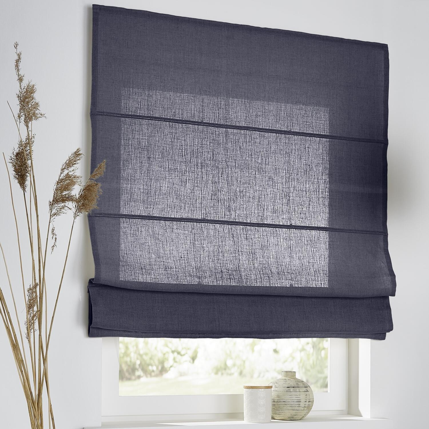 Leinen Raffrollo nach Maß Metis graublau Kettenzug