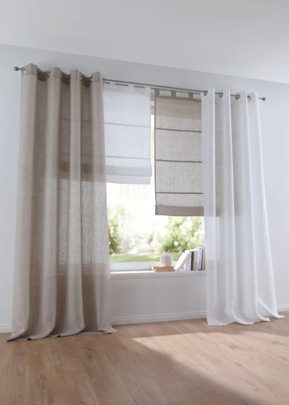 Raffrollo / Schlaufenrollo Metis Leinen für die Gardinenstange | linen - Breite 45 - 120 cm - Leinengardinen weiss und natur