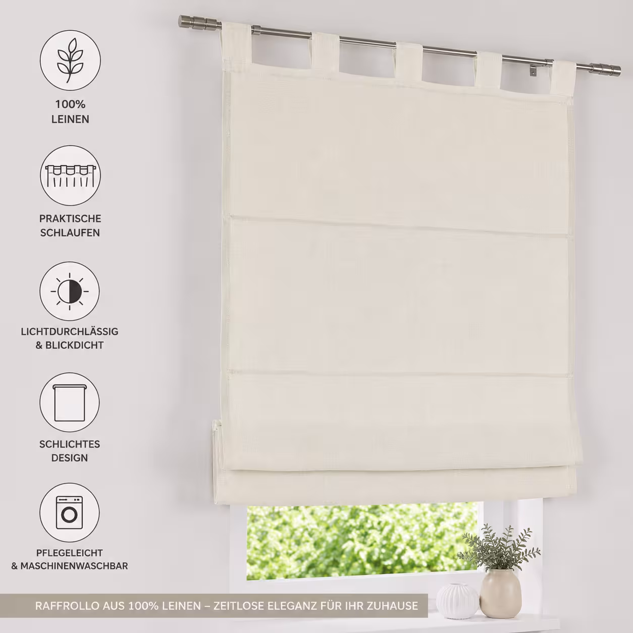 Raffrollo / Schlaufenrollo Metis Leinen für die Gardinenstange | creme - Breite 45 - 120 cm - Vorteile Raffrollo Metis aus Leinen