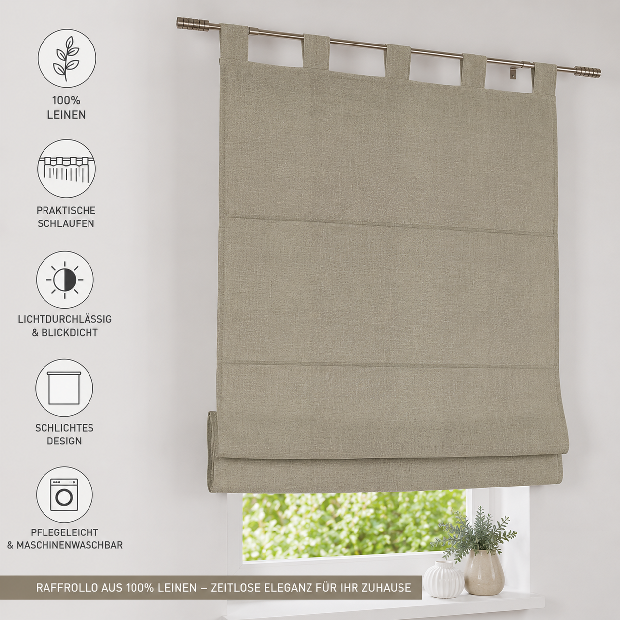 Raffrollo / Schlaufenrollo Metis Leinen für die Gardinenstange | linen - Breite 45 - 120 cm - Vorteile Raffrollo Metis aus Leinen