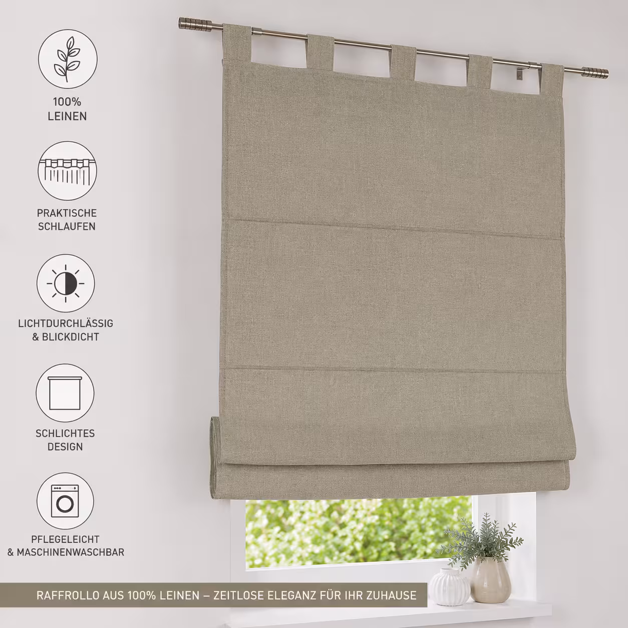 Raffrollo / Schlaufenrollo Metis Leinen für die Gardinenstange | linen - Breite 45 - 120 cm - Vorteile Raffrollo Metis aus Leinen