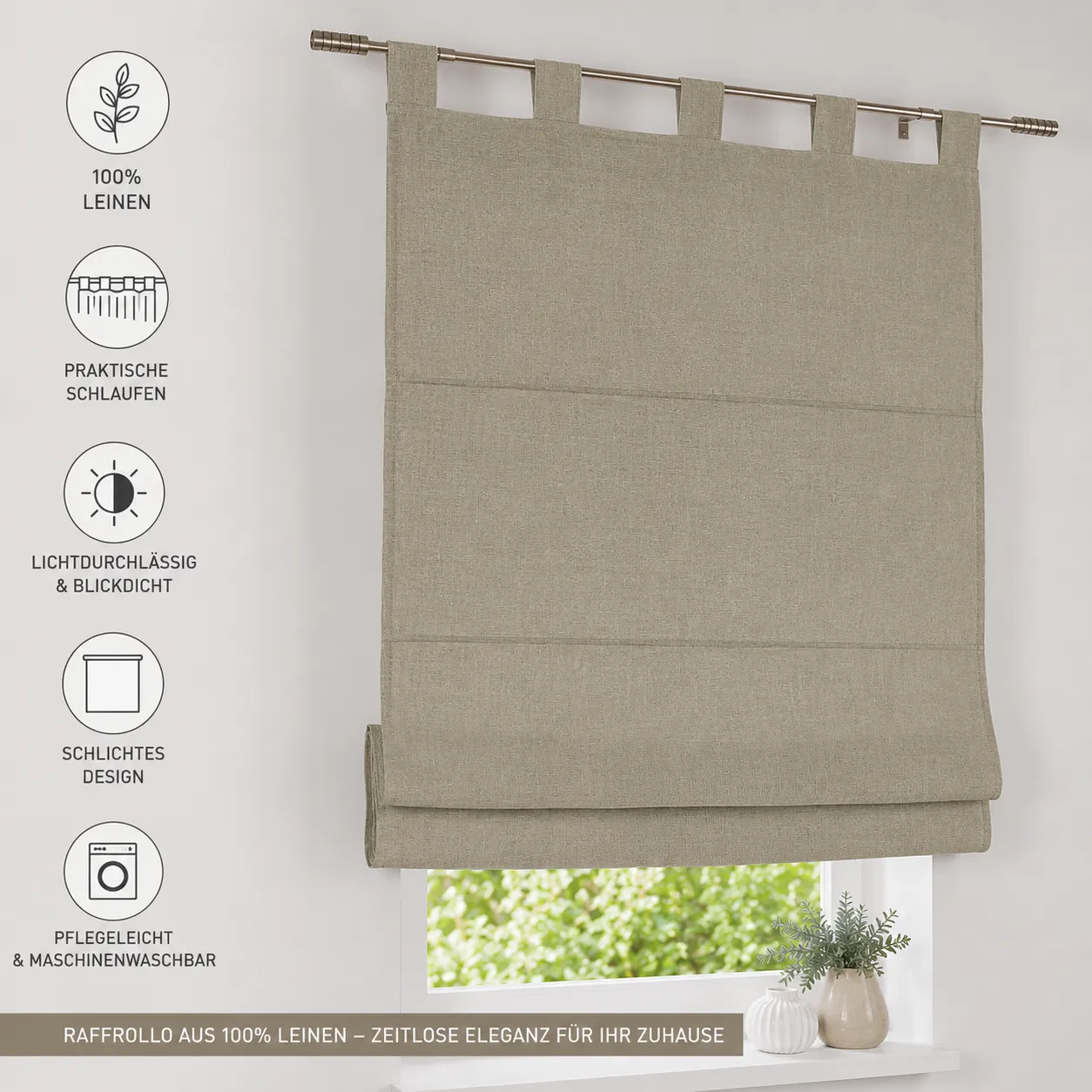 Raffrollo / Schlaufenrollo Metis Leinen für die Gardinenstange | linen - Breite 45 - 120 cm - Vorteile Raffrollo Metis aus Leinen
