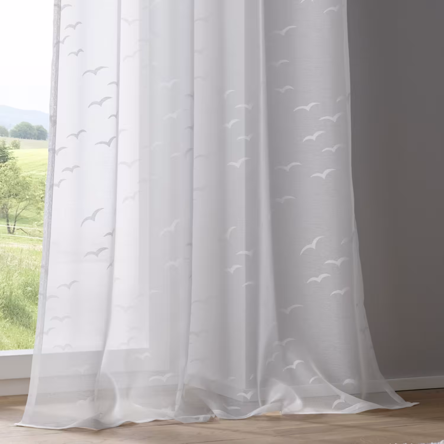 Weißer Vorhang Gardine Seabird Möwen transparent | Höhe 145 cm - 245 cm (1 Stück) - Seabird Vorhang weiss maritim Möwen