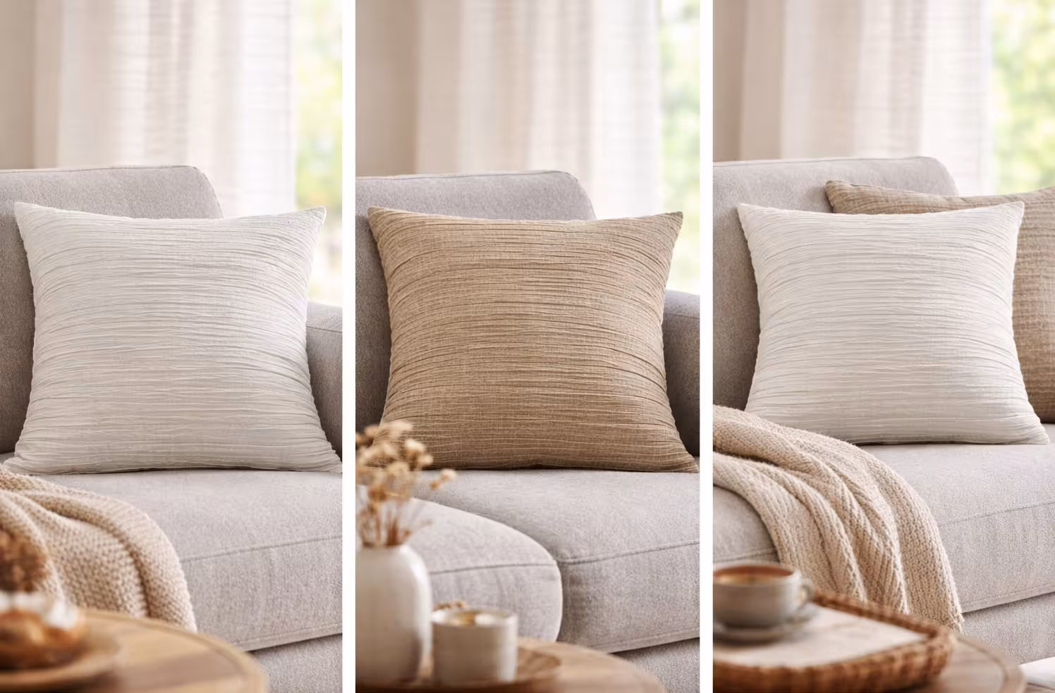 Musselin Kissenhülle Crinkle 50x50 – Dekokissen mit handgenähten Biesen - offwhite - gemütliches Sofa mit Kissen