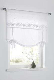 Raffgardine Jolie weiß mit Stickerei | Bindegardine mit Schleifen - Breite 60 - 120 cm