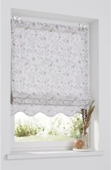 Weißes Raffrollo / Ösenrollo Finja aus Baumwolle mit Blumenmuster - inkl. Edelstahlhaken - Breite 45 - 100 cm