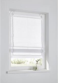 Weißes Raffrollo / Ösenrollo Bente mit feiner Ziernaht in grau gestickt - inkl. Edelstahlhaken -