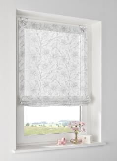 Modernes Raffrollo „Greta“ im Landhausstil mit floralem Muster in Hellgrau – halbtransparentes