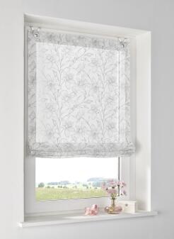 Modernes Raffrollo „Greta“ im Landhausstil mit floralem Muster in Hellgrau – halbtransparentes