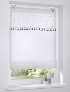 Weißes Baumwoll-Raffrollo / Ösenrollo Honey mit Quasten und feiner Stickerei - Breite 45 - 100 cm