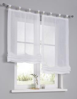 Raffrollo Brondby Boule weiss Schlaufen mit Kugeln Buche natur