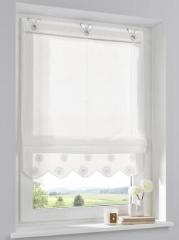 Raffrollo / Ösenrollo Elly Baumwolle weiß - bestickter Volant