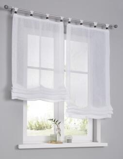 Weißes Raffrollo Brondby Boule mit Schlaufen und Zierkugeln | Dekokugeln Holz braun lasiert