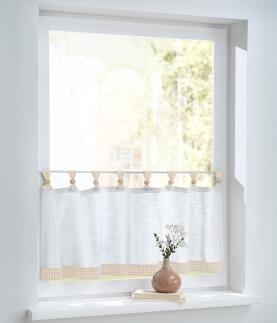 Cottage Kurzgardine Landhaus weiss beige Karo