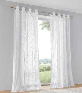 Vorhang Jasmin weiß halbtransparent bestickt mit Ösen – moderner Gardinenschal (1 Stück)