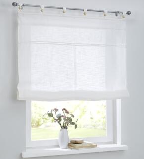 Raffrollo Woody weiß / offwhite mit Schlaufen und Holzkugeln - für Gardinenstangen