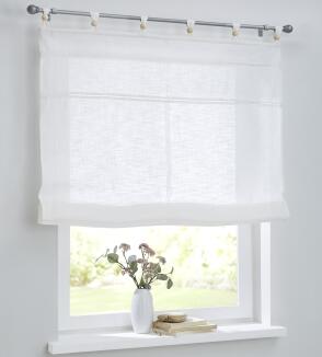 Raffrollo Woody weiß / offwhite mit Schlaufen und Holzkugeln - für Gardinenstangen