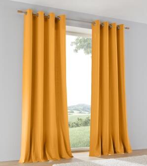 Vorhang aus Baumwolle in ockergelb – bodenlange Gardine am Fenster