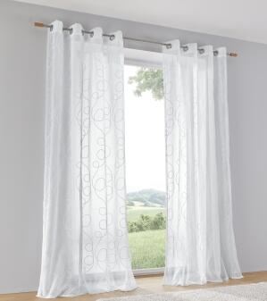 Vorhang Jasmin weiß halbtransparent bestickt mit Ösen – moderner Gardinenschal (1 Stück)