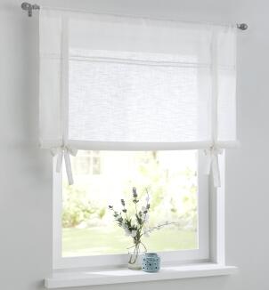 Weiße Raffgardine Vicky mit Stickerei | Binderollo mit Tunnelzug