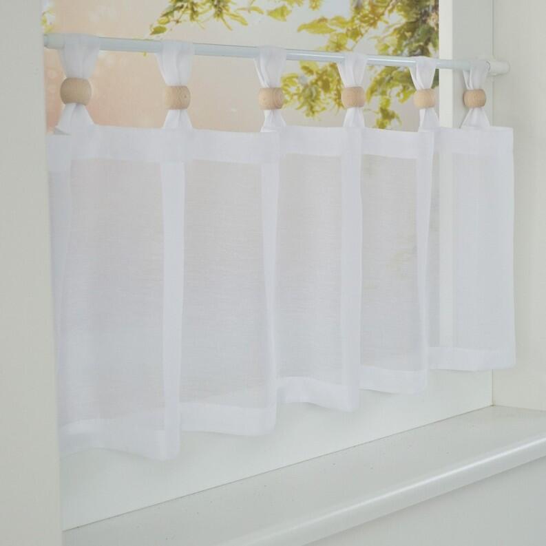 Scheibengardine Küchengardine mit Schlaufen und Zierkugeln Holz natur